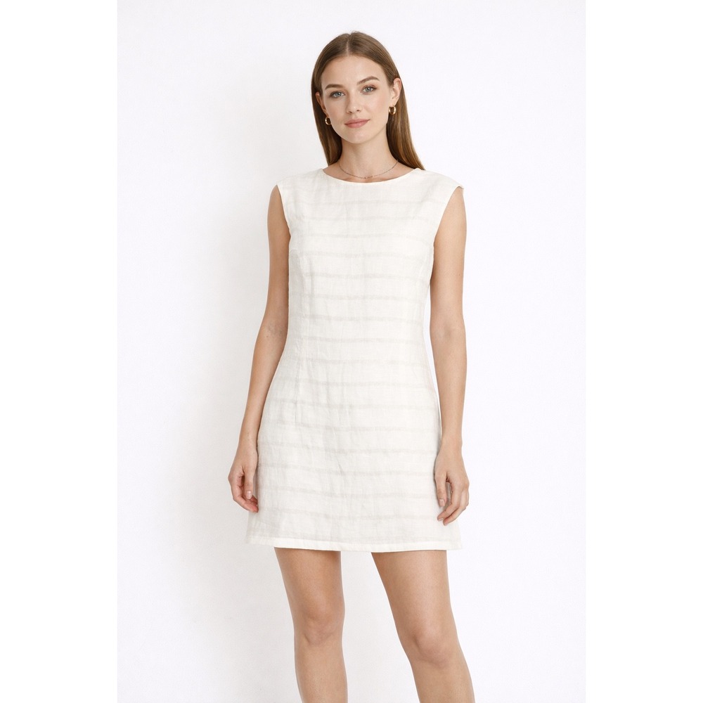 Peserico White Linen Striped Sleeveless Shift‎ Dress Bead Trim Women Pockets